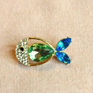 Gold Fish Brooch with Green and Blue Crystals